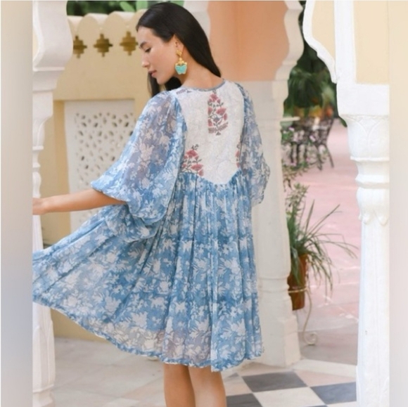 Daughters of India Jaya Mini Dress in Juniper Floral Blue Dress Size XL - Picture 2 of 16